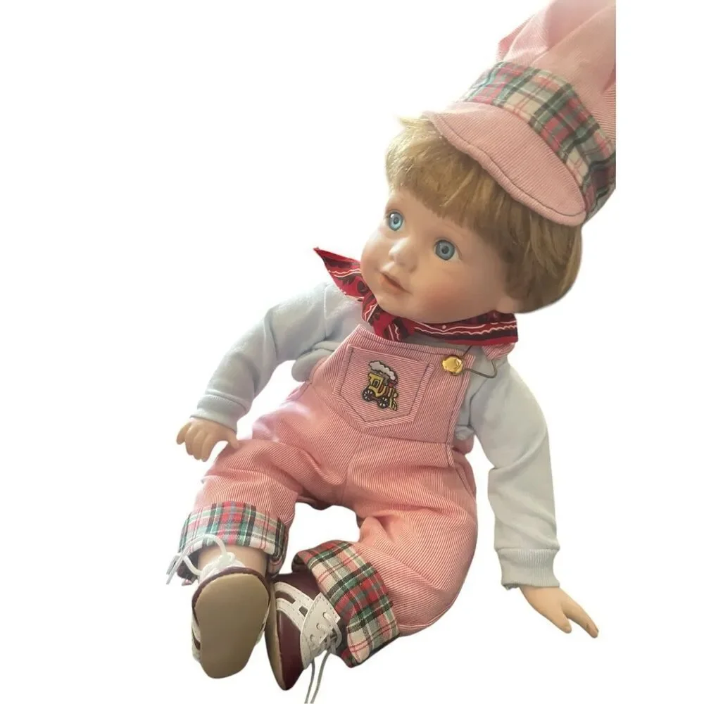 Unbranded Kids Pink White Overalls Hat Porcelain Doll